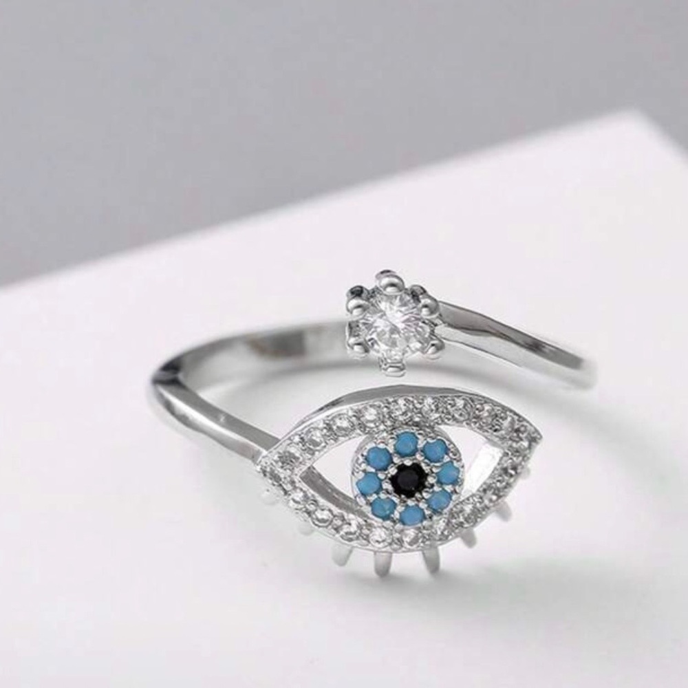 14k Silver Evil Eye Ring with Rhinestones Adjustable Ring - Picture 3 of 6
